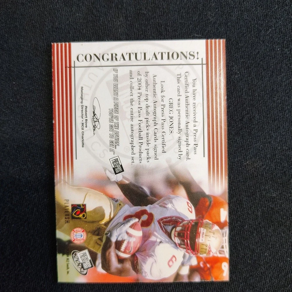2004 Press Pass On‎ Card Auto Blue 18/50 Greg Jones Auto wo2 NFL Football Card